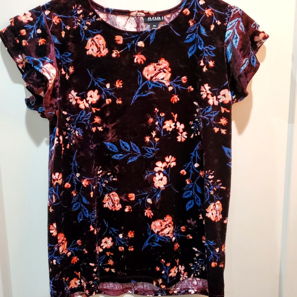A.N.A Velvet Floral Blouse Size Petite Small Round Neck Ruffle Sleeves